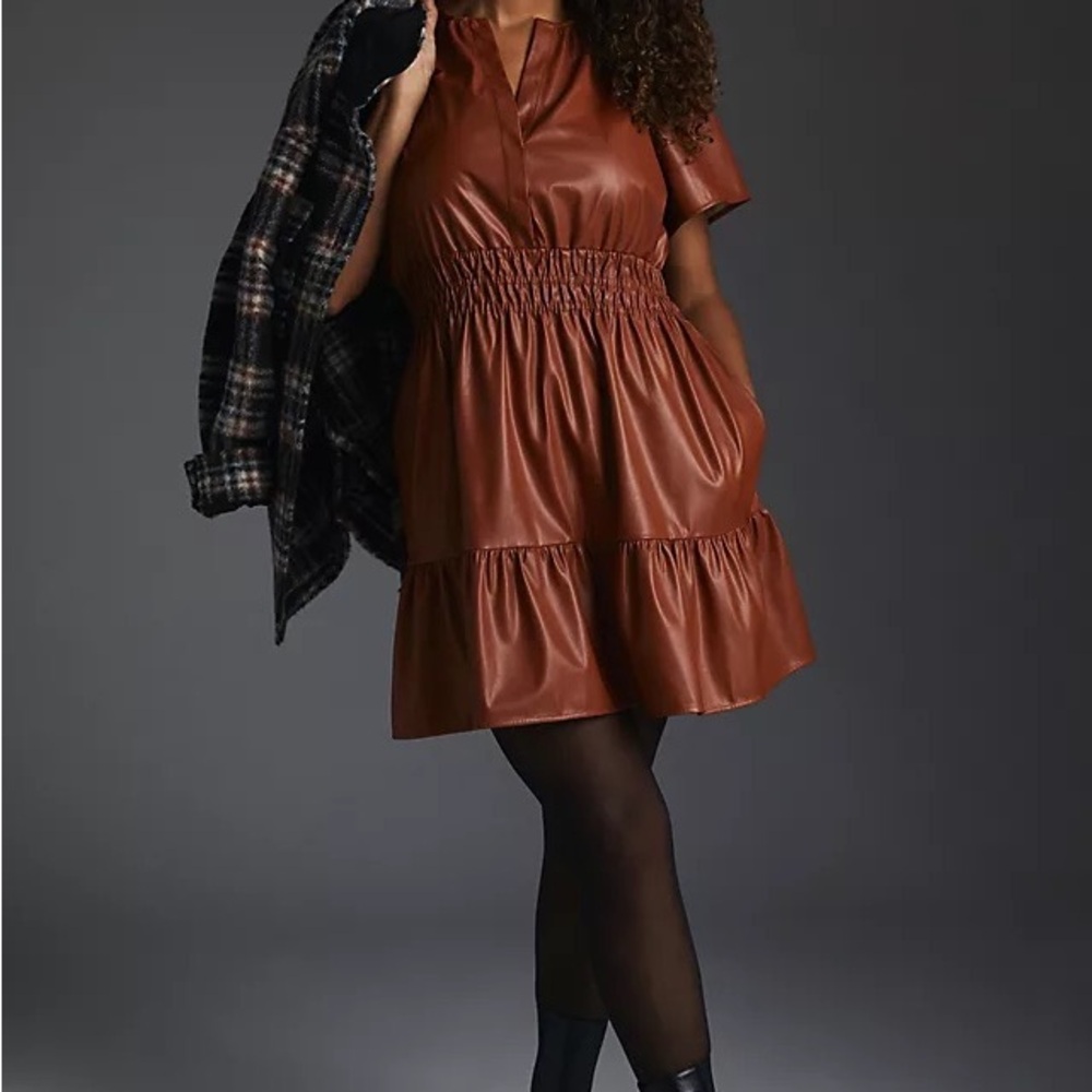 Anthropologie Women’s The Somerset Mini Dress Size 1X Faux Leather Cognac Brown